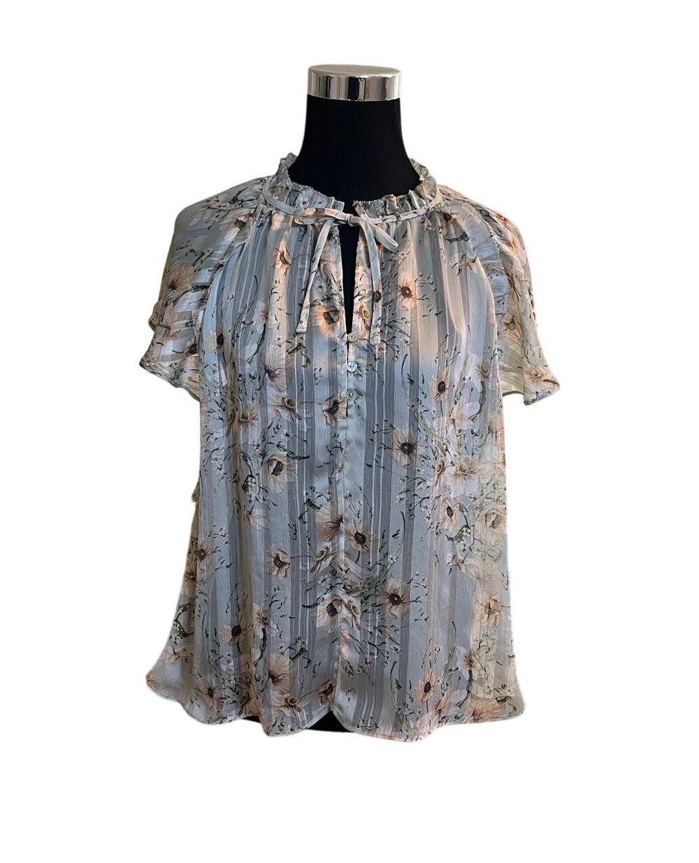 NWT H&M Women's Light Green Sheer Floral Tie Neck Blouse Size 14
